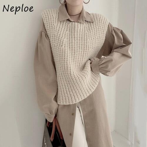 Neploe Stylish All-match O-neck Loose Knitted Solid Vests + Bandage Slim Waist Puff Sleeve Shirt Dress Women Two-piece Autumn