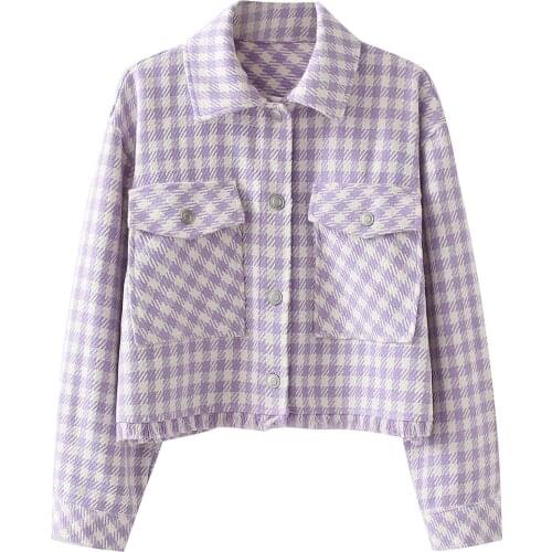 New Ladies Vintage Pocket Short Plaid Autumn Winter Jacket Women Coat Lapel Collar Long Sleeve Outerwear Chic Jacket Female Tops