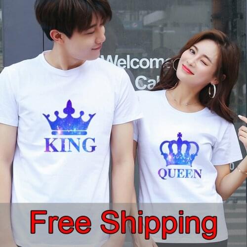 2021New Couple T-shirt Summer KING QUEEN Letter Printed T-shirt Valentines Day Cotton Short Sleeve Tees Brand Loose Couple cl