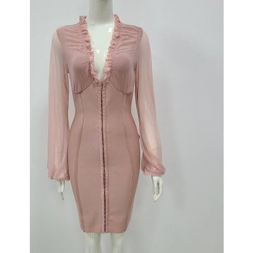 2021 New Fashion Women Designer Pink Lace Long Sleeve Mini Bodycon Party Dress