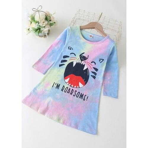 New Fashion Cotton Kids Dresses for Girls Tie Dye Cartoon Tiger Mouth Long Sleeve Straight Novelty Girl Dress Kids Clothes 1-6Y