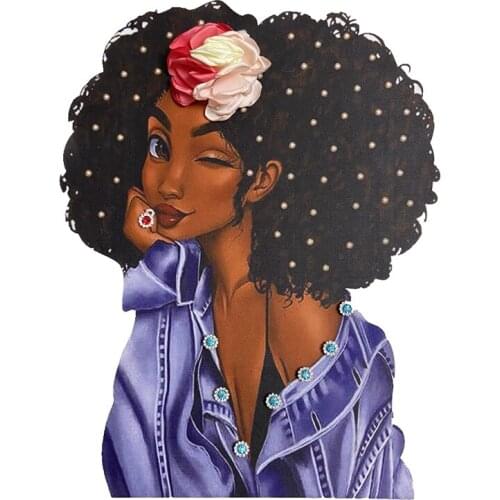 New 3D Printed African Women Heat Transfer Printing Patches for Clothes Jacket Handmade Flower Beaded Black Lady Appliques