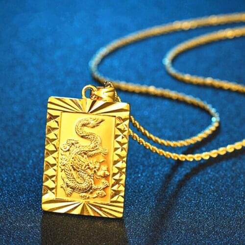FYSL Light Yellow Gold Color Rectangle Shape Metal Engraved Chinese Dragon Pendant Link Chain Necklace Vintage Jewelry