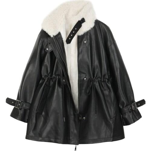 Faux Fur Coat Women Leather Jacket Autumn Winter Warm Plush Thick Suede Outerwear Lambs Wool Short Motorcycle Coats Female