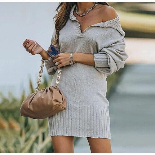 Women Dress Black Knitted Solid Color Turn-down Collar Long Sleeve Party Long Sleeve Dresses Autumn Winter Suit