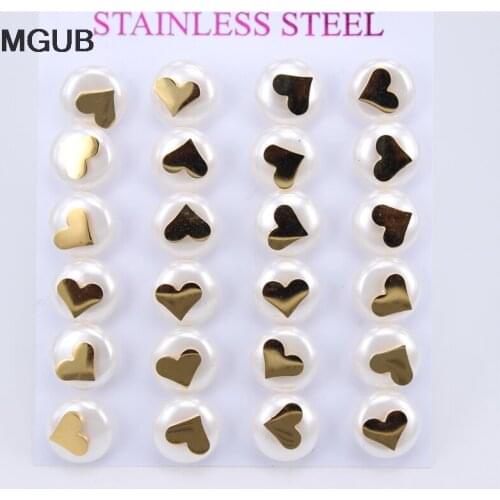 Gold Color Imitation pearls Heart-shaped Stud Earrings for Women Stainless Steel fashion Jewelry 12 pairs/set ZN24