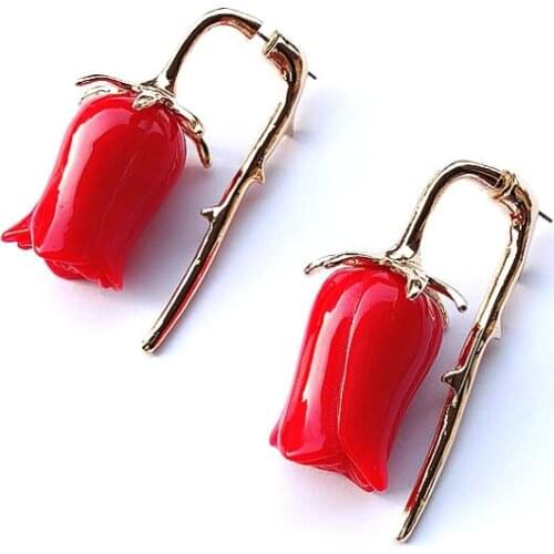 European And American Bohemian Holiday Style Three-Dimensional Red Rose Flower Earrings Creative Exaggerated Long Ear Jewelry
