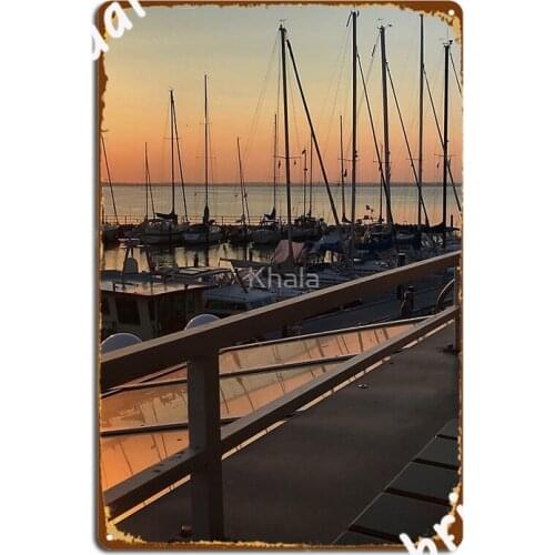 Peaceful Sunset Over Marina With Sailboat Mast On Baltic Sea In Langballig Yachting Harbor Schleswig Metal Plaque Poster