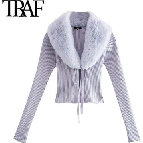 TRAF Women Fashion Faux Fur Patchwork Cropped Knitted Cardigan Sweater Vintage Tied V Neck Female Outerwear Chic Tops