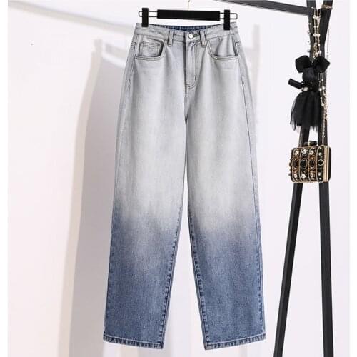 Spring High Waist Denim Pants Women Plus Size Gradient Patchwork Female Jeans Large Size Loose Elastic Straight Trousers S-5XL