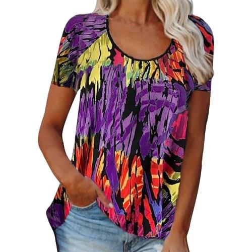 Purple Tunic Tops For Female Blusas Mujer De Moda 2021 Clothes Summer Loose Print Womens Round Neck Floral Short-sleeved Shirt