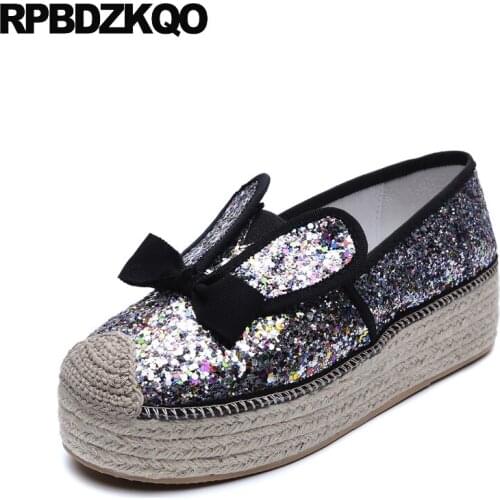 Rabbit Women Cute Glitter Gold Platform Bow Autumn Spring Bling Sequins Single Shoes Large Size Flats Hemp Espadrilles Creepers