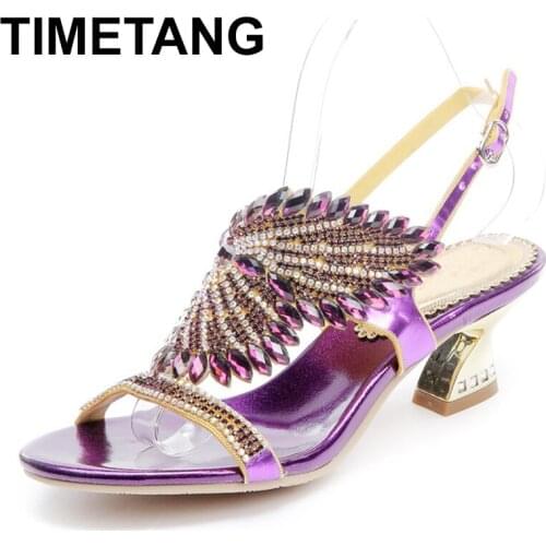 TIMETANGThick Heel Ladies Purple Crystal Butterfly Style Fine Women Summer Sandals Back Strap Open Toe Wedding Party HeelsE1079