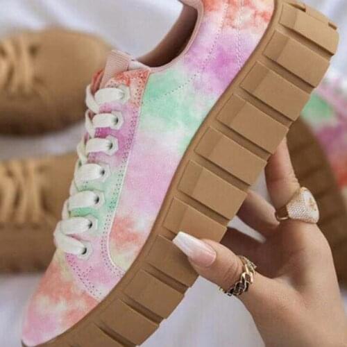 2021 Women Lace Up Flat Platform Sneaker Woman Print Breathable Color Shoes Female Cross Tied Ladies Summer New Casual Plus Size