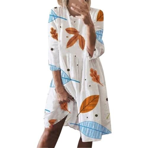 Plus Sizewomen Dresses Summer 2021 Womens Fashion Casual Round Neck Loose Leaf Print High Waist Beach Bress Vestidos Mujer