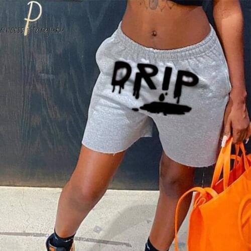 Women Letter Printed Harajuku Sport Workout Short Pant Grey Elastic Waist Running Short Bottom Hip Hop Loose Activewear Shorts