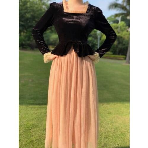 French Retro Dress Court Style Velvet Mesh Ballet Skirt Solid Long Sleeve Belt medieval Floor Skirt elegant vestidos Femme 2021
