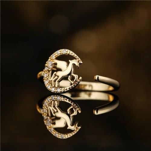 Hot Sale New Fashion Gold Color Pegasus Shape Geometric Open Ring Adjustable Size Luxury Cubic Zirconia Women Party Jewelry