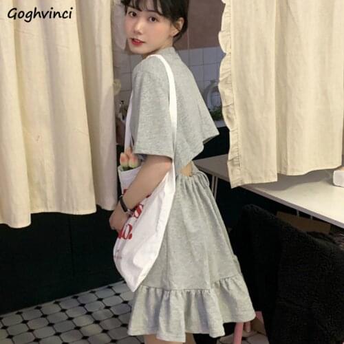 Dress Women Short Sleeve Solid Simple Hollow Out Pleated Chic Elegant Leisure Daily Womens Korean Style All-match Stylish Trendy