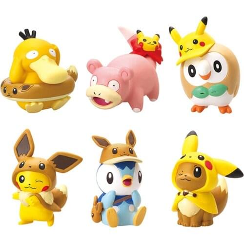 6Pcs/Set Cartoon Slowpoke Rowlet Eevees Psyduck Piplup Action Figure Toys Anime Pokemones Figure Toys Collections Gifts for Kids