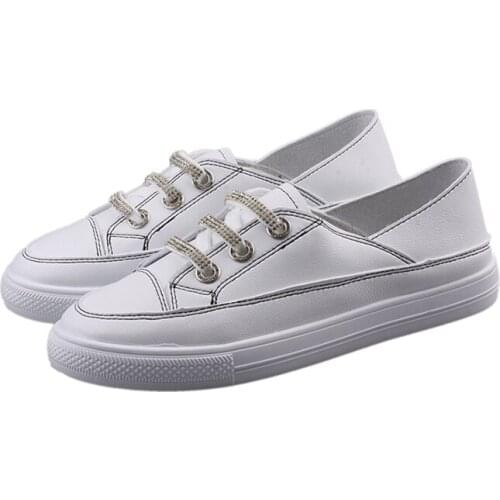 Basic Leather White Shoes Female 2019 Summer New Summer Rhinestones Breathable Wild Flat Sports Shoes Female Sneakers Shoes