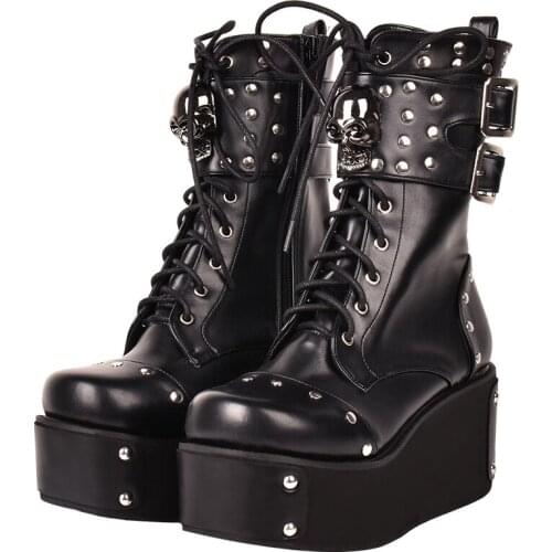 Gothic Punk Platform Leather Motorcycle Boots Women Spring Winter Rivet Black Demonia Skull High Heels Ankle Boots Lolita Shoes
