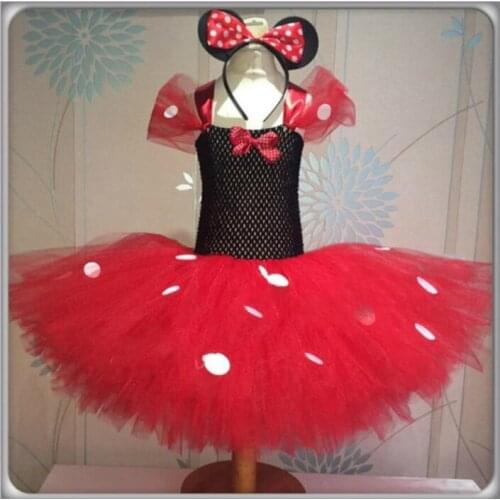 Baby Girls Red Mickey Minnie Tutu Dress Kids Crochet Tulle Dress with White Dot and Hairbow Children Cosplay Party Costume Dress