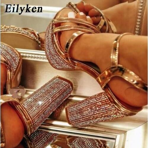 Eilyken New Design Crystal Rhinestone Platform Thick Heel Women Gladiator Sandals Sexy Peep Toe Ankle Buckle Strap Party Shoes