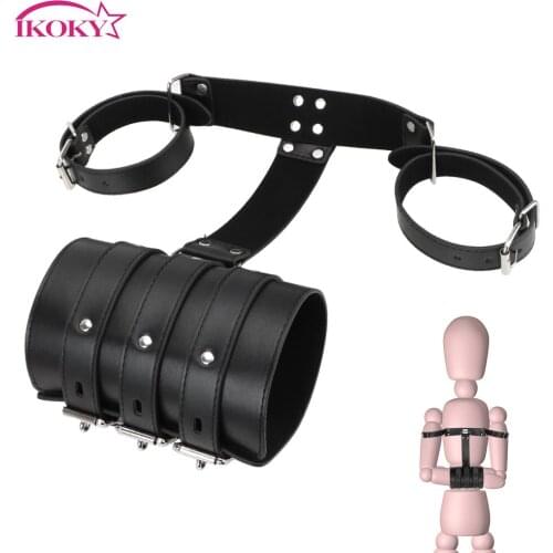 IKOKY Bondage Restraints Accessories PU Leather Wrist Cuffs Handcuffs Adjustable Arms Behind Back Binder Sex Toys For Couples