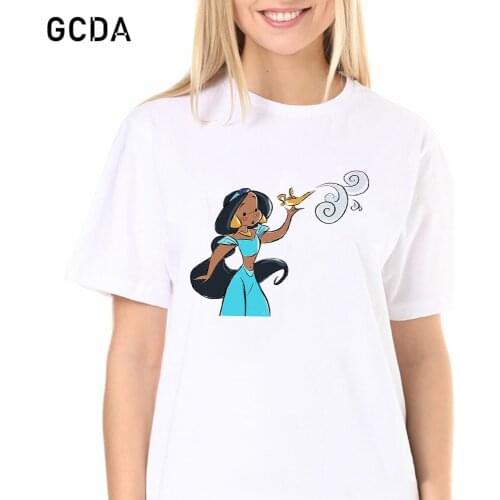 Disney Cute Princess Jasmine Printed Cute Cartoon T Shirt Women Short Sleeve Casual White Girls Tops Tshirt New Summer T-shirt