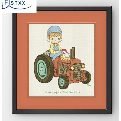 Fishxx Cross Stitch 14CT Kit European Style ChildrenS Bedroom Paintings H215 The Farmer And His Car DIY Embroidery