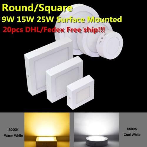 Surface Mounted LED Ceiling Light Panel Light Round/Square Ceiling Down Light 9W 15W 25W 20pcs/lot, DHL Free Shipping