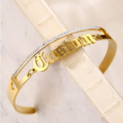 Hand Decoration Customized Name Cuff Personalized Bracelets Bangles Women Gold Stainless Steel Mom Birth Jewelry Gifts