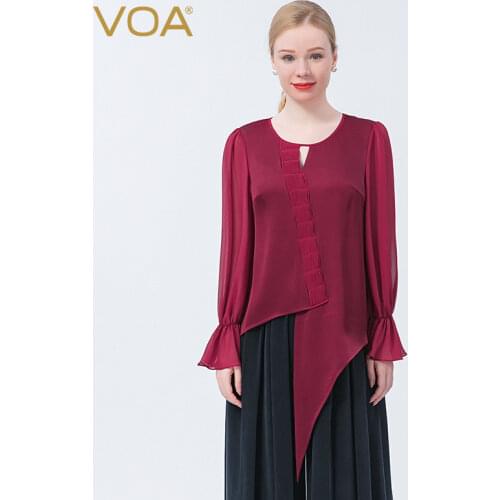 VOA Silk 40m/m Double-sided Satin Floating Red Round Neck Trumpet Sleeve Asymmetric Impact Splicing Long Sleeve T-shirt BE751