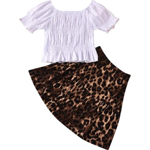 Girl’s Skirt Two Piece Suit Fashion Solid Color Square Collar Lantern Sleeve Tops and Leopard Mid-length Skirt
