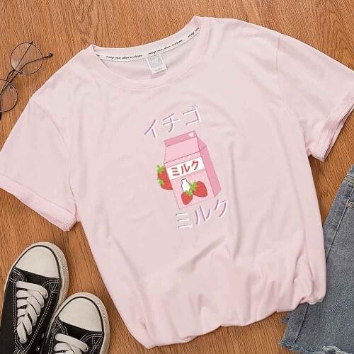 Womens T-shirt Harajuku Cute Drink Box Ladies T Shirt Short Sleeve Tees Women Pink Top Ladies Tops Casual Kawaii Clothes