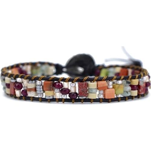 Women Boho Bracelet Tube Shape Natural Stone Single Leather Wrap Bracelet Semi Precious Stone Beaded Cuff Bracelet Dropshipping