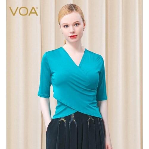 VOA Silk 33m/m Knitted Five-sleeve V-neck Front and Rear Cross Backless Design Collar with Thin Band Fashion T-shirt Women BE560