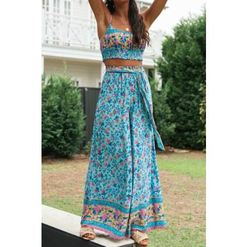 Happie Queens Women two piece outfits off shoulder Sleeveless tops Bohemian Tassel Drawstring skirts 2 pieces Boho sets