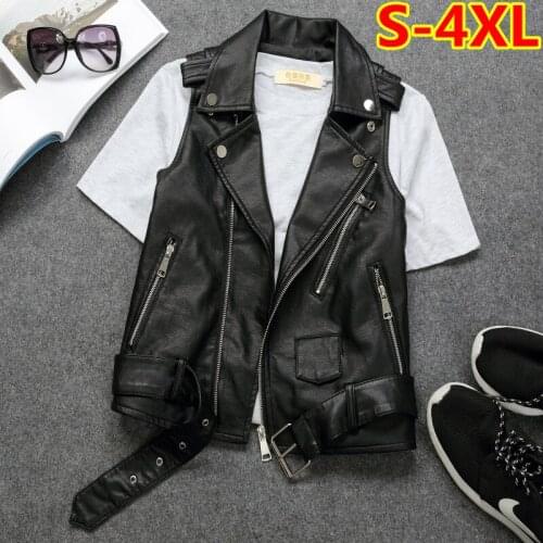 Women spring summer casual multi pocket streetwear short vest waistcoat girl PU leather turn down collar sleeveless jacket coat