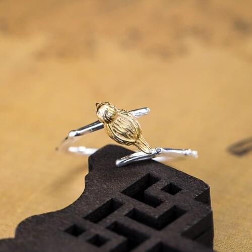 VLA 925 Silver Simple Lovely Bird Eing Womens National Style Branch Ring Opening Adjustable Accessories