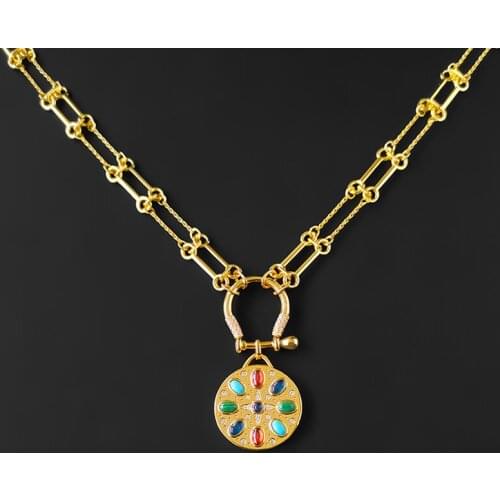 S925 Sterling Silver Roman Style Colored Stone Necklace Tag Lock Sweater Chain Female New Fashion Luxury Brand Monaco Jewelry