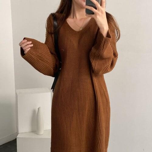 Casual V-neck Side Split Knitted Dress For Women Autumn Winter Dress Oversized Loose Warm Sweater Vestidos Femme 2020