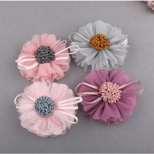 20 PCS/lot , 3.1" Tulle mesh flower with loop fabric flower center, great for headband, shoes, brooches