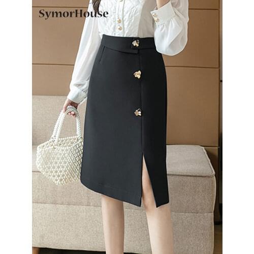 2021 Fashion Women Skirts High Waist Office Lady Midi Skirt Sexy Split Slim Button Pencil Skirt Elegant Female Casual Skirts