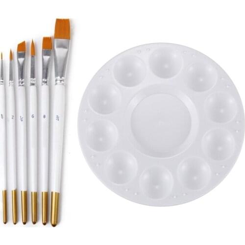7 Pcs Art Supplies: 1 Pcs White 11-Well Round Paint Palettes Artist Pallette & 6 Pcs Watercolor Oil Paint Brush