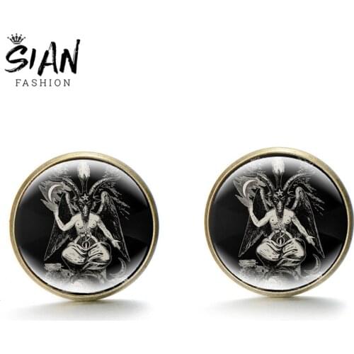 SIAN Satanism Baphomet Head Pentagram Stud Earrings Art Photo Glass Cabochon Earring For Supernatural Pagan Jewelry Gifts