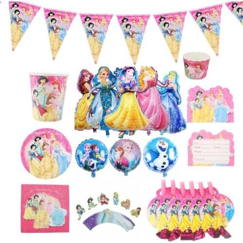 Belle Cinderella Aurora Snow White Jasmine Ariel Princess Birthday Girls Party Tableware Disposable Paper Cup Napkin Flag Straw