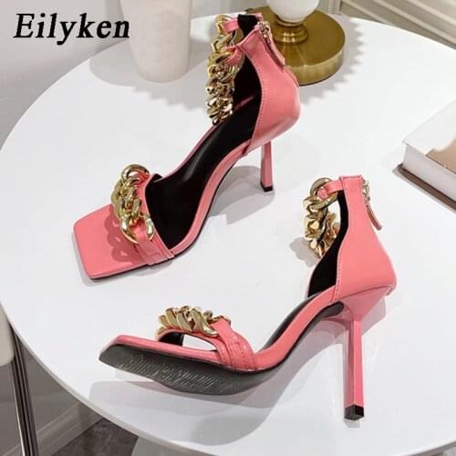 Eilyken New Metal Chain Decoration Sandals Fashion Snake Print Square Toe Zipper Gladiator Women Slides Stiletto High Heel Shoes