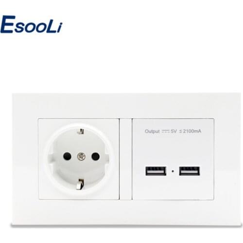 Esooli Wall Socket EU Standard Power Outlet With Dual USB Smart Induction Charge Port For Mobile 2.1A White PC Panel